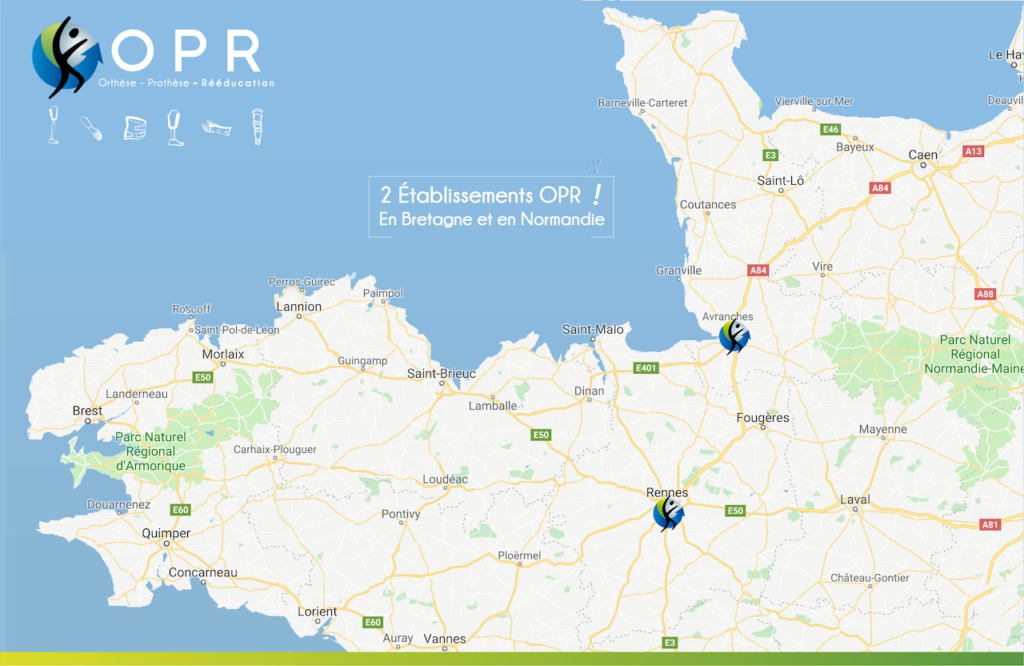 carte pour situer les prothésistes ou orthoprothésistes les plus proches de chez vous en bretagne et en normandie dans nos cabinets de rennes et d'Avranches
